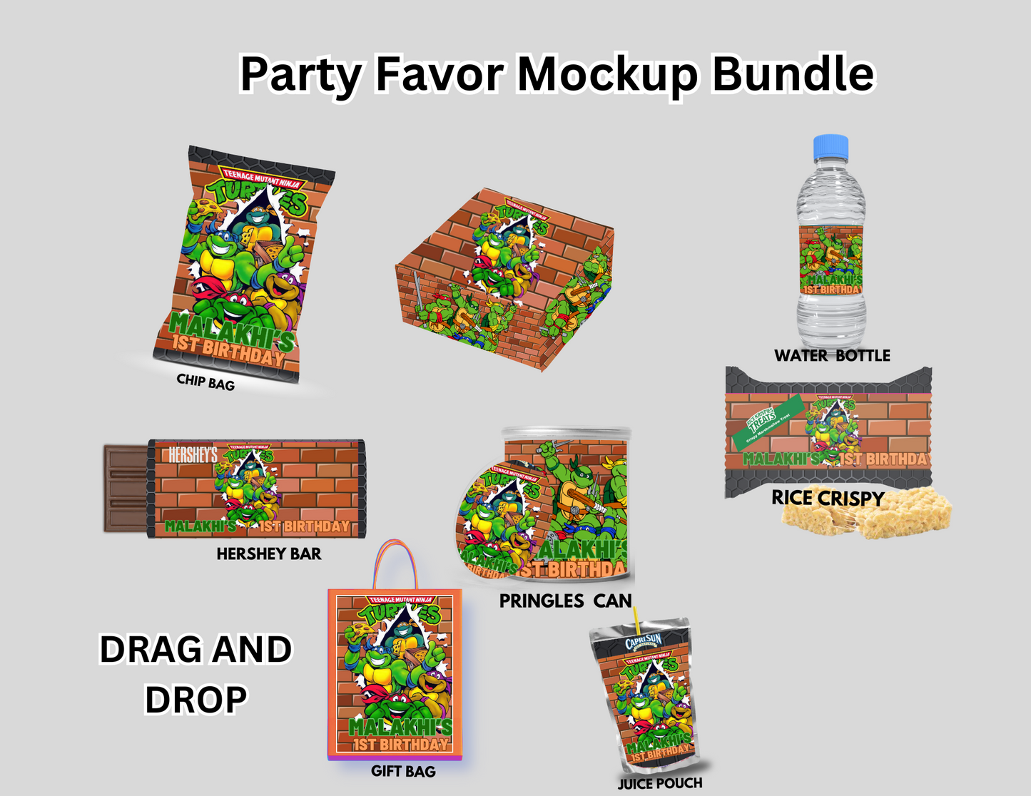 Ninaj Turtle Party Favors: Chip Bag, Hershey, Rice Crispy, Gift Bag, CapriSun, Water bottle, Pringle can, Party box Editable Canva Template